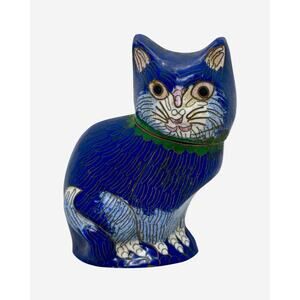 Vintage Blue Enamel on Brass Cloisonné 4 1/4” Cat Figurine